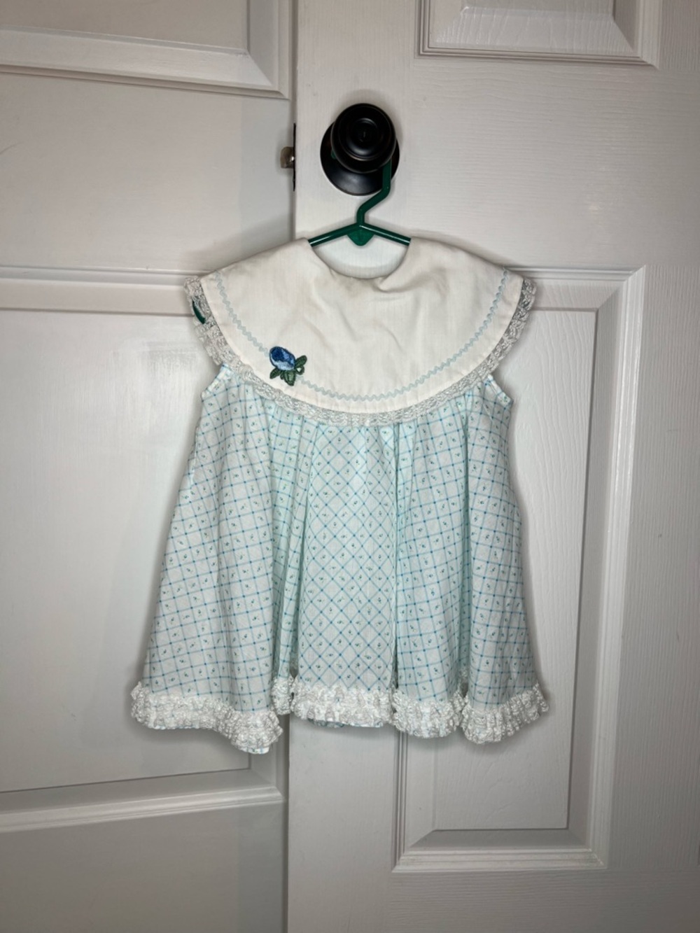 VTG Handmade Baby Toddler Dres Peter Pan Collar Ruffle Accent Blue White 12-18M?
